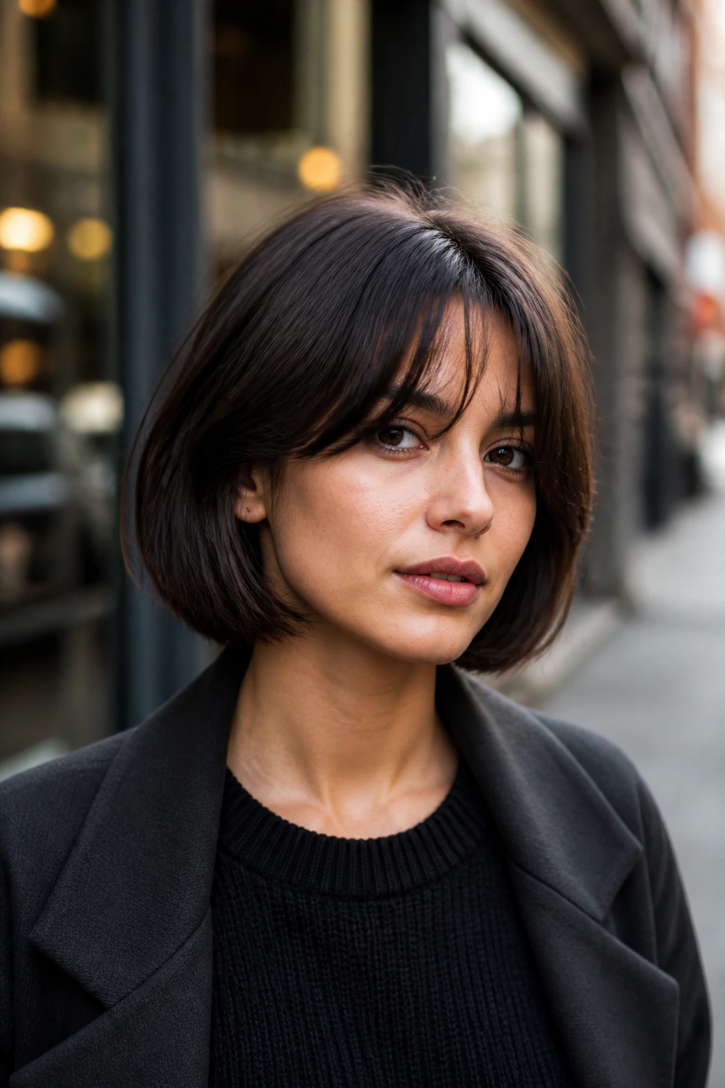 Portrait of a real woman with fringe-forward bob showing mood variation