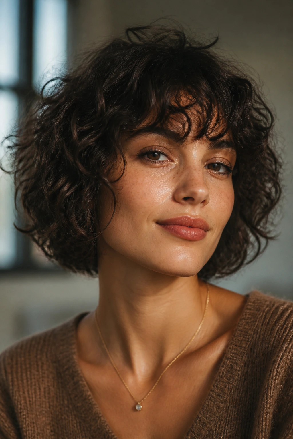 Fringe-forward curly bob close-up portrait