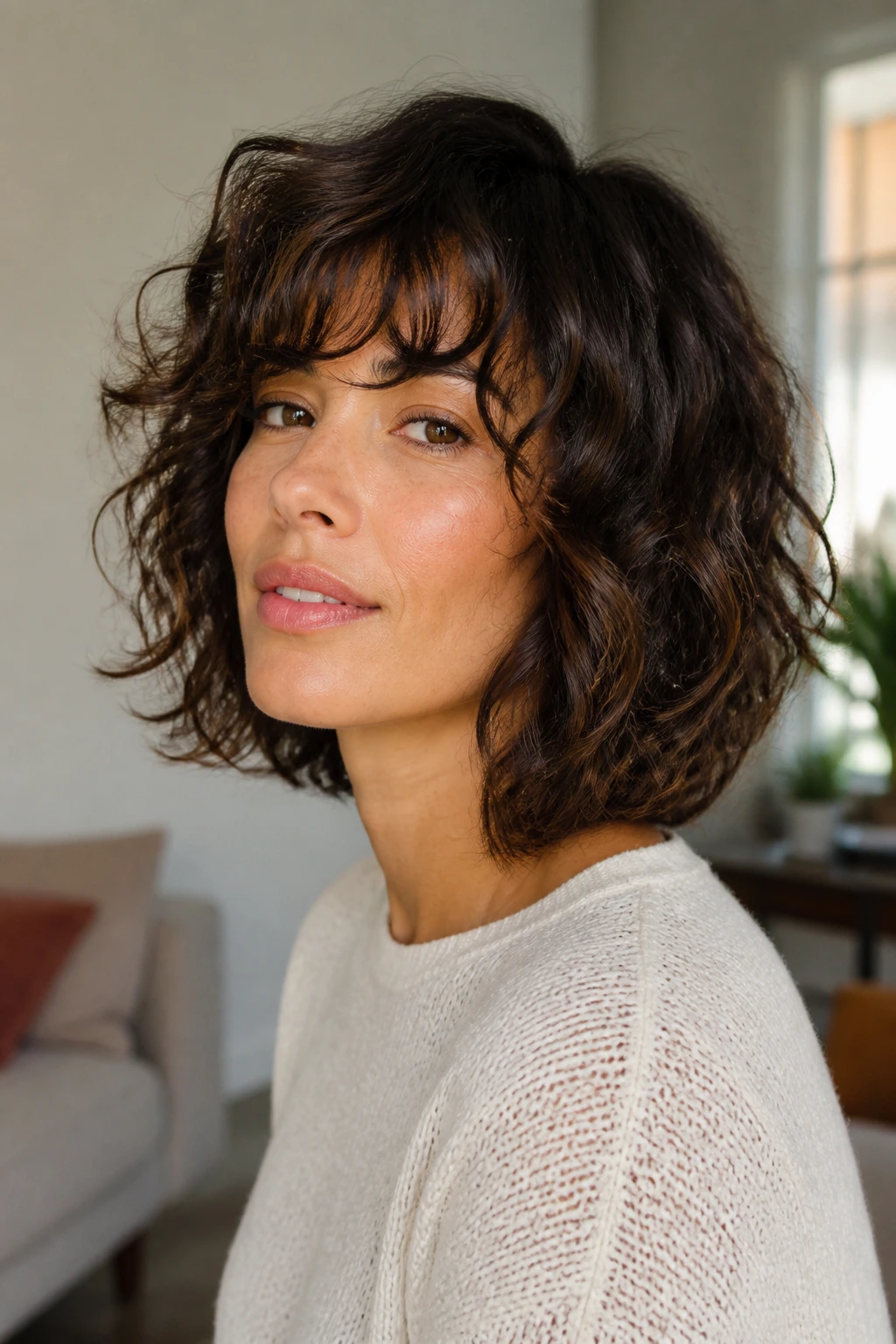 Portrait of a real person with a fringe-forward curly lob variation