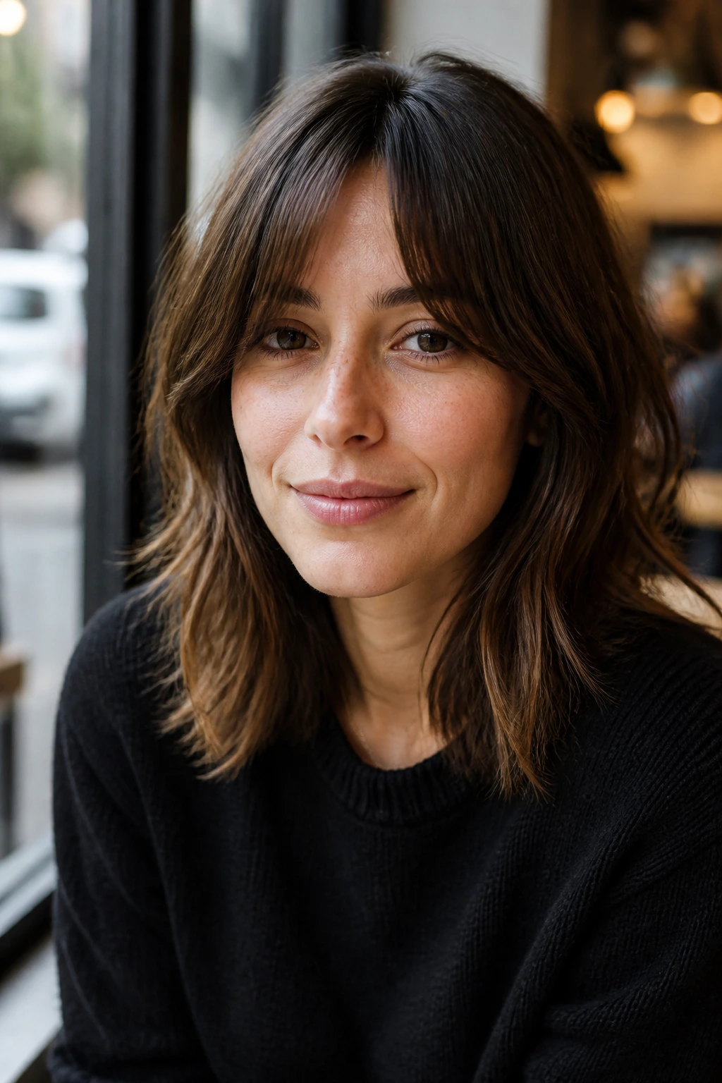Real woman with fringe-forward lob by cafe window light