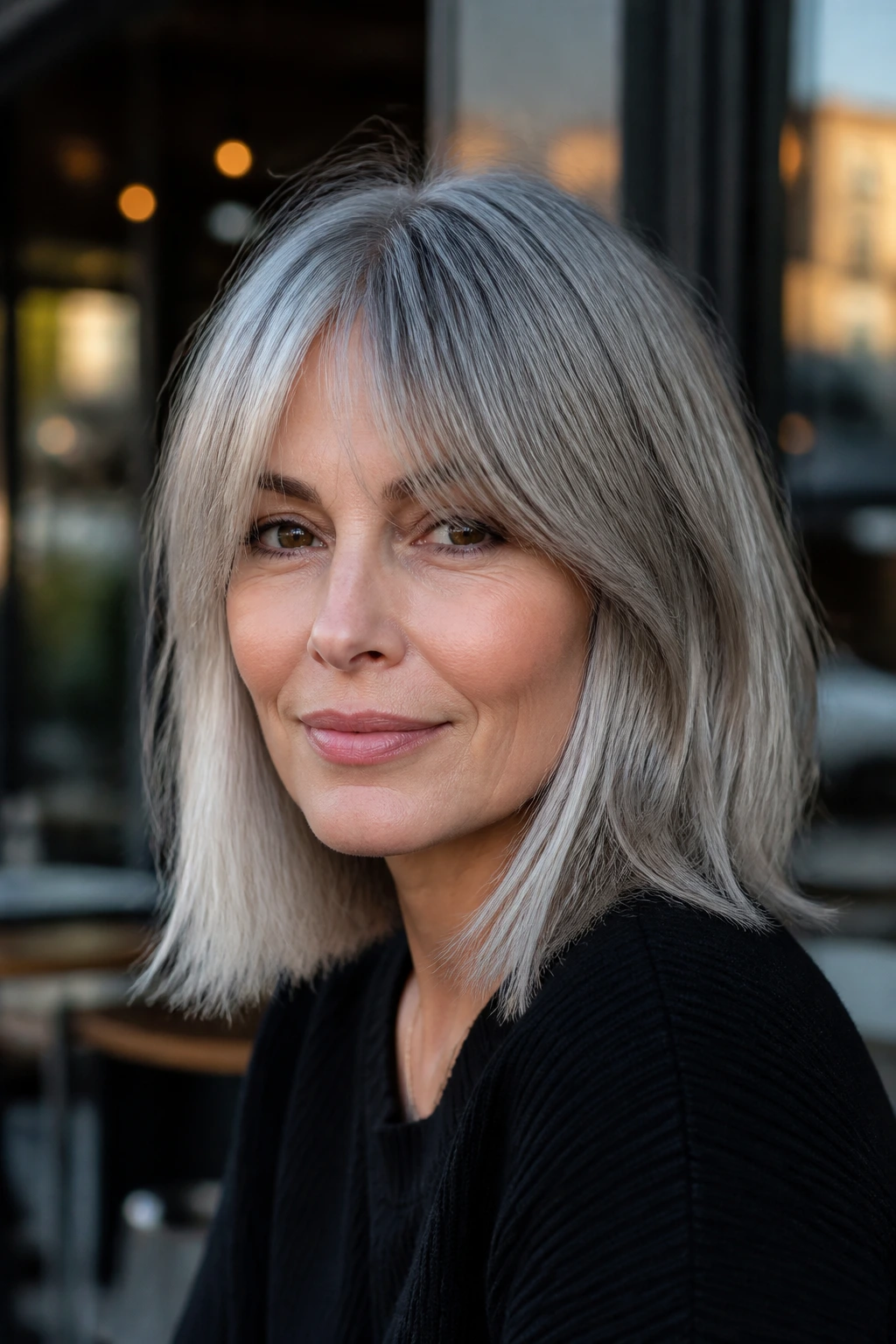 Portrait of a real woman with fringe-forward gray lob at an outdoor cafe window