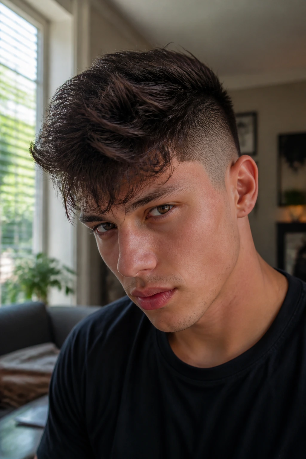 Close-up portrait of a real man with fringe-forward Mohawk