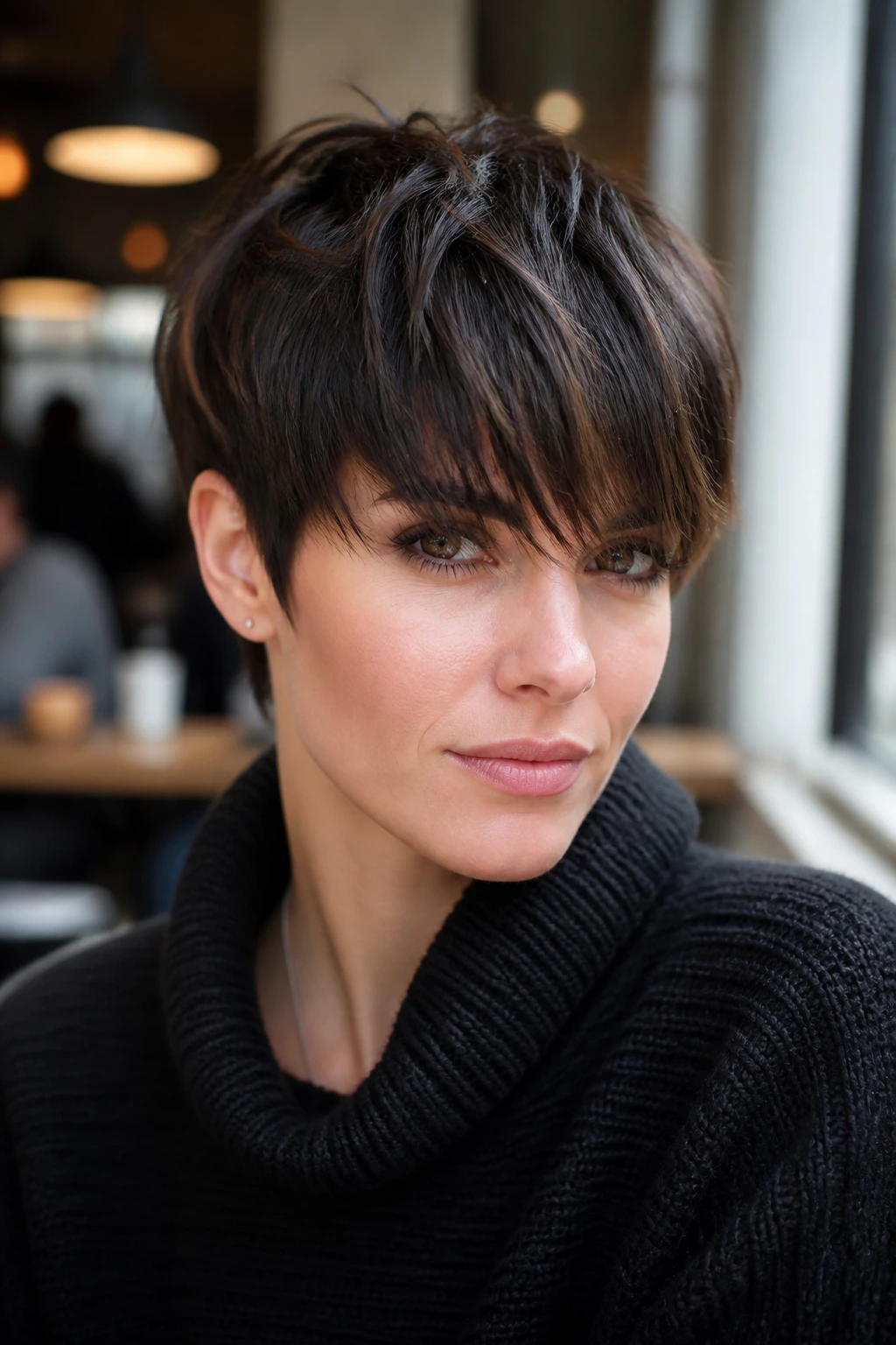 Close-up of a real woman with fringe-forward pixie and bold bangs in cafe light