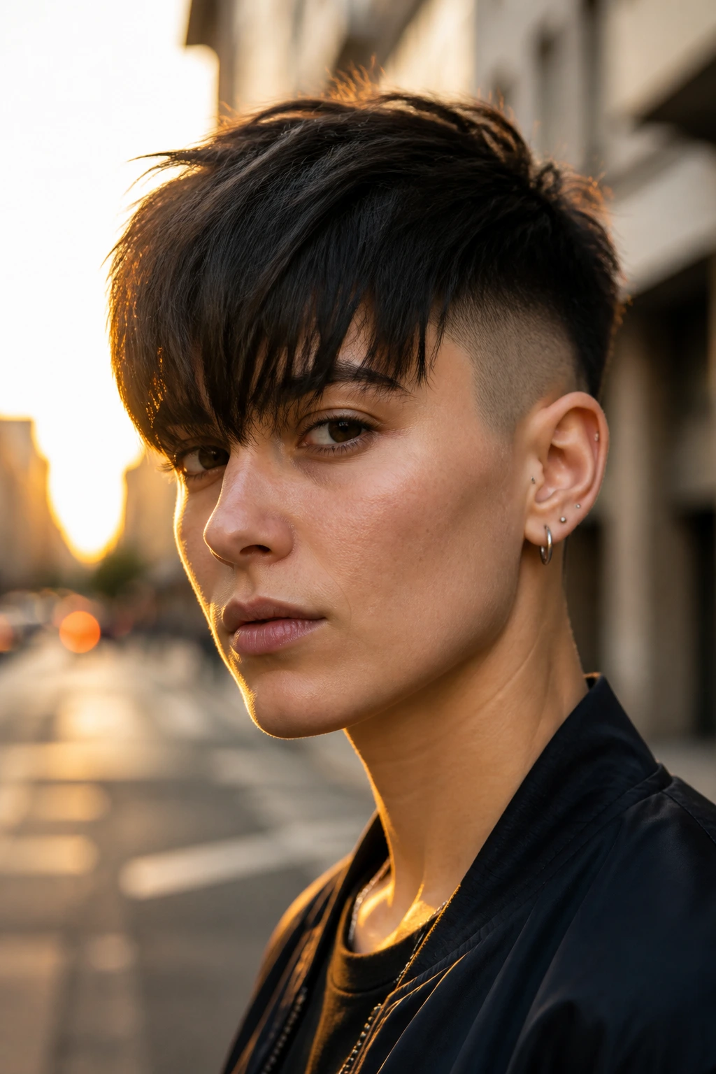 Close-up portrait of a person wearing a fringe-forward undercut with a heavy forehead fringe