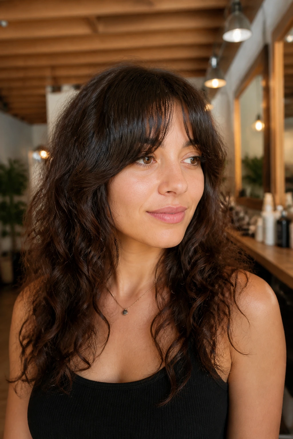 Portrait of a person with soft long face-framing bangs resting at cheekbone level