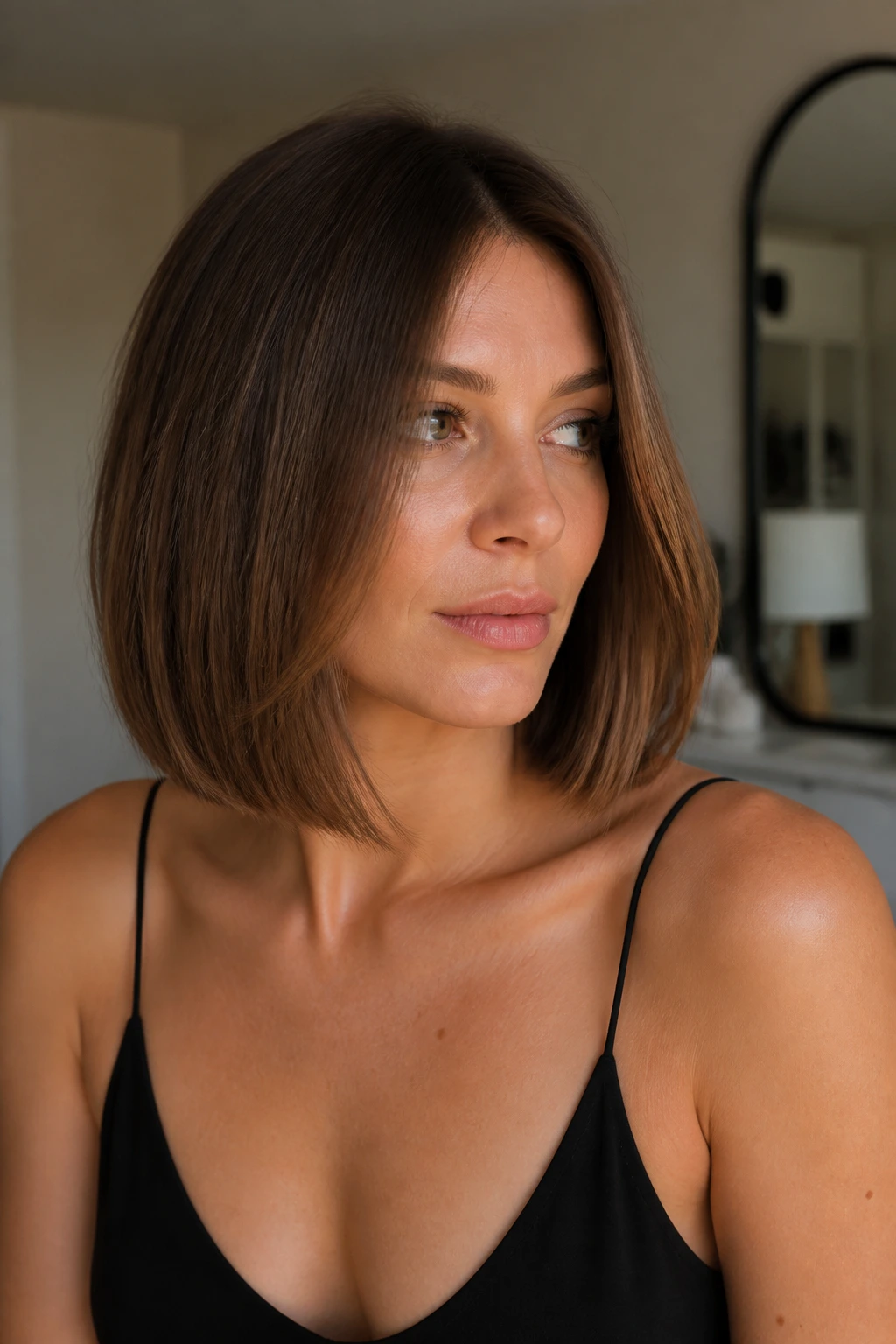Portrait of a real woman with a fringe-free lob and dense perimeter.