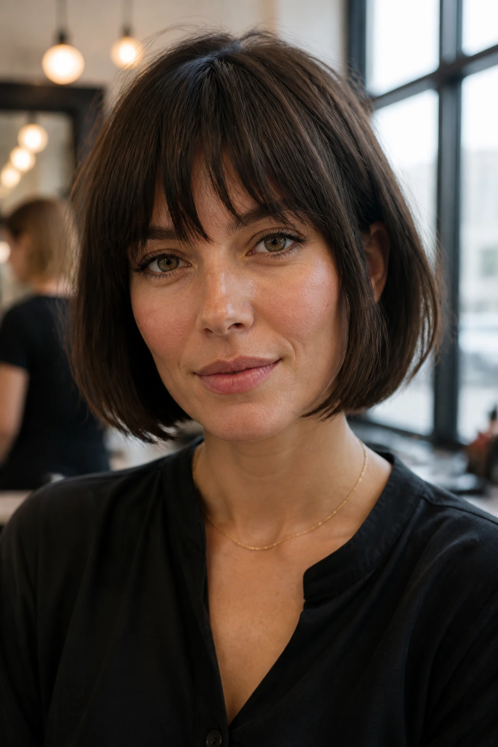 Real person with brow-grazing fringe french bob