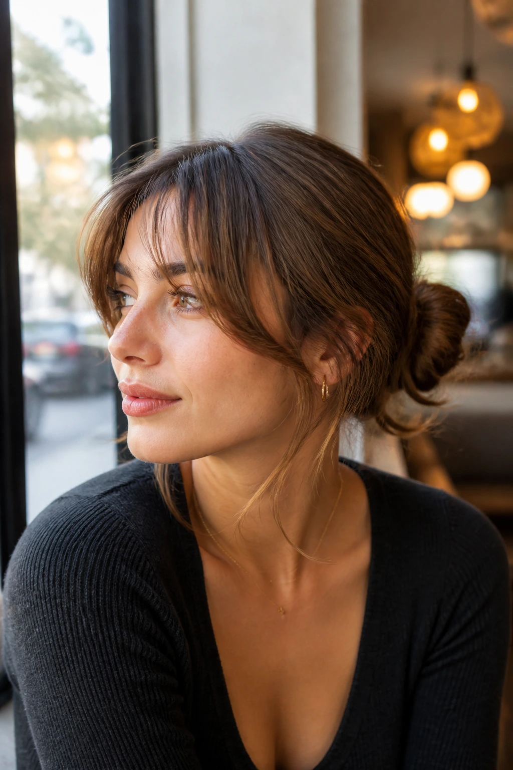Close-up of a real woman with a fringe-friendly bun and visible bangs
