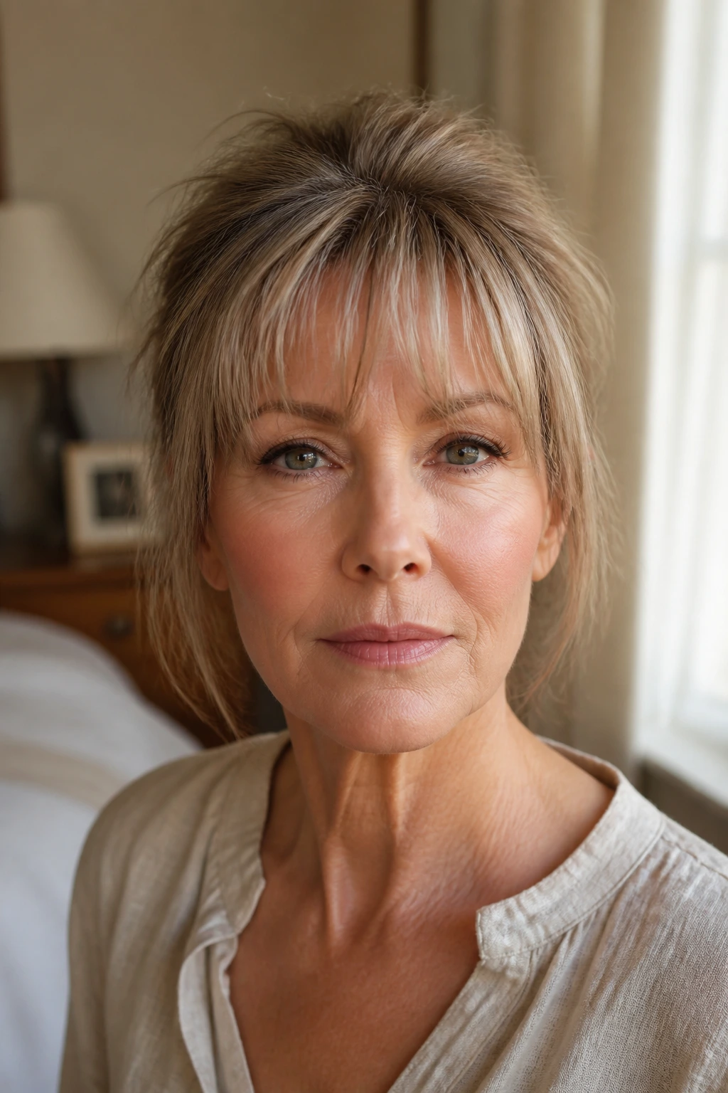 Close-up of a real woman with wispy fringe under natural window light, fringe looks fuller.