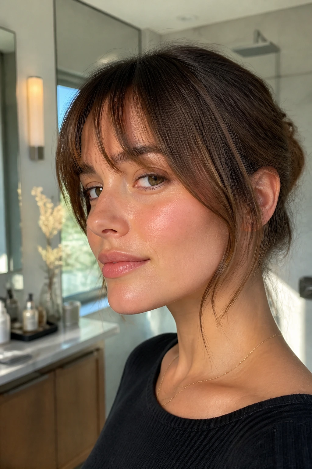 Close-up portrait showing fringe geometry with diagonal and curved lines on a real woman