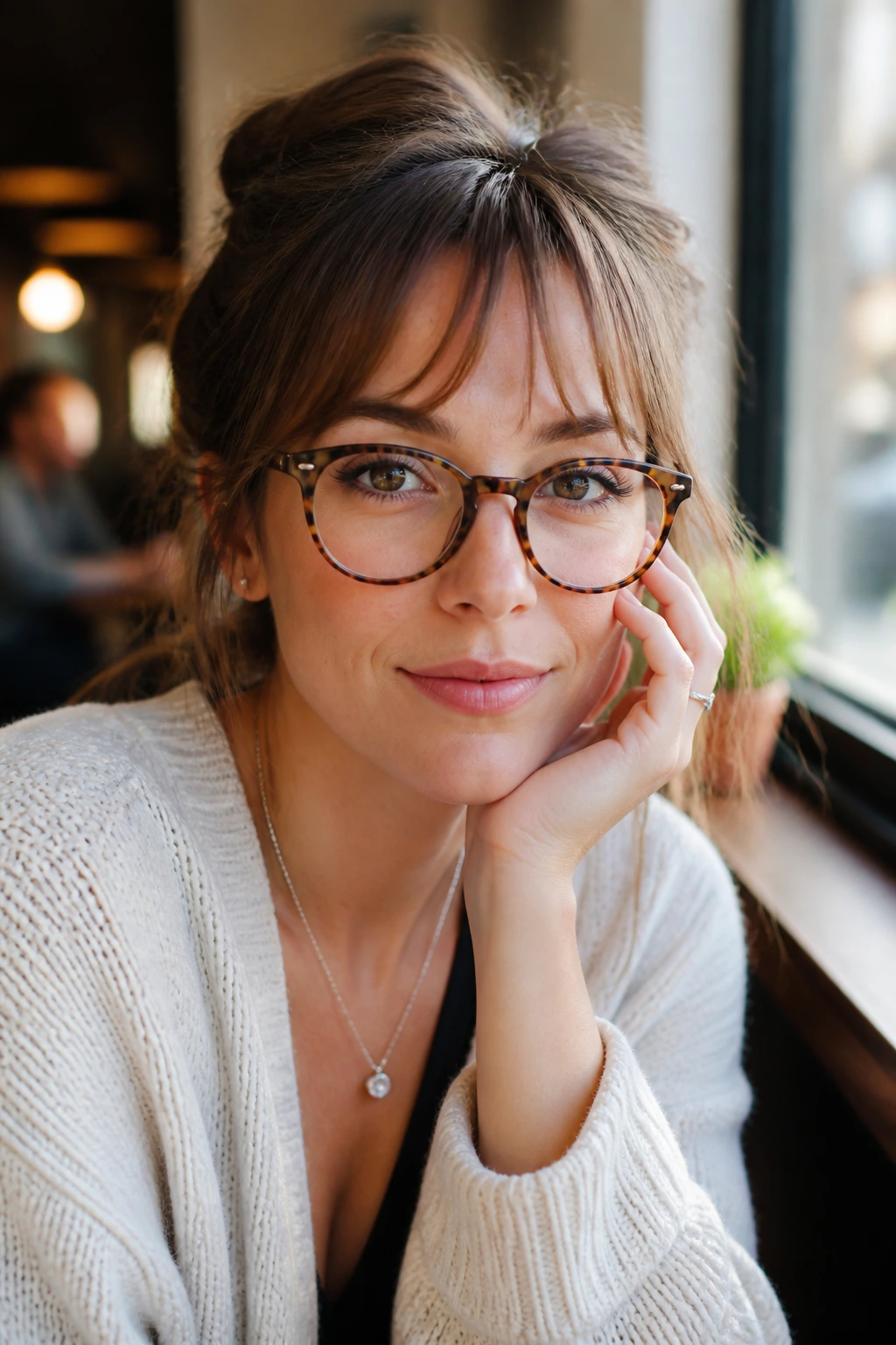 Close-up portrait of a real woman wearing glasses with an airy fringe that allows frame space