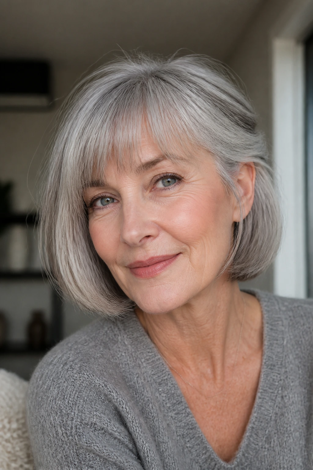 Close-up of a real woman with a gray French bob and light fringe in warm window light