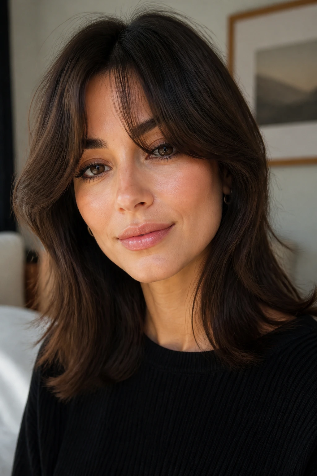 Portrait of a real woman with curtain bangs that grow with you