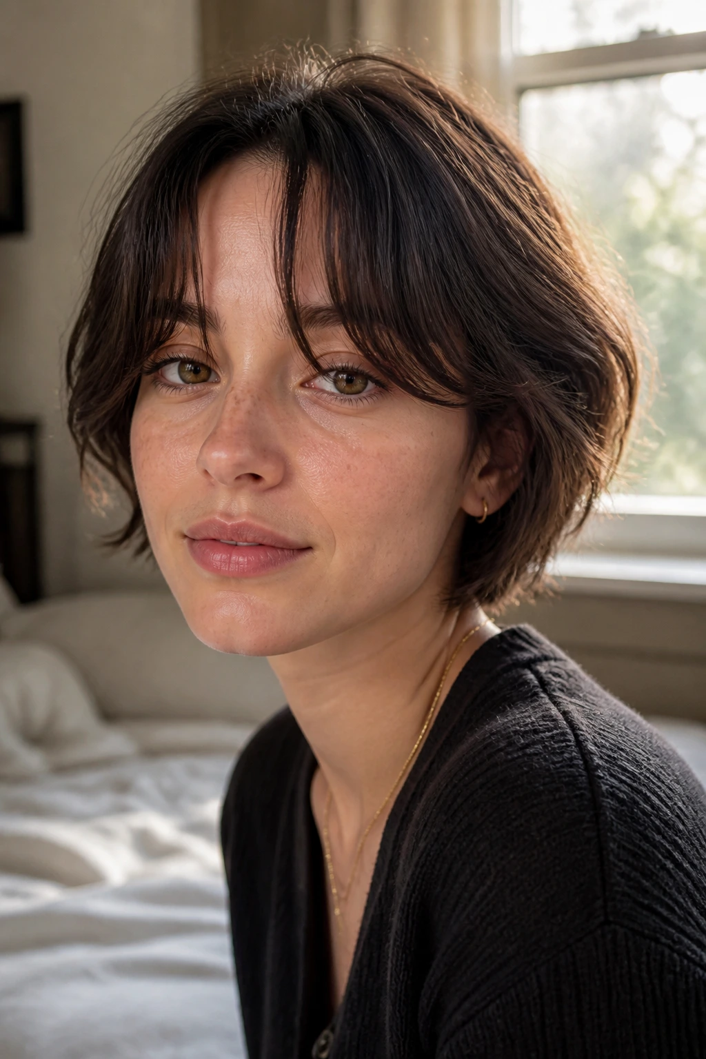 Close-up portrait of a real woman with short hair and curtain bangs blending naturally, illustrating a fringe that grows out with you