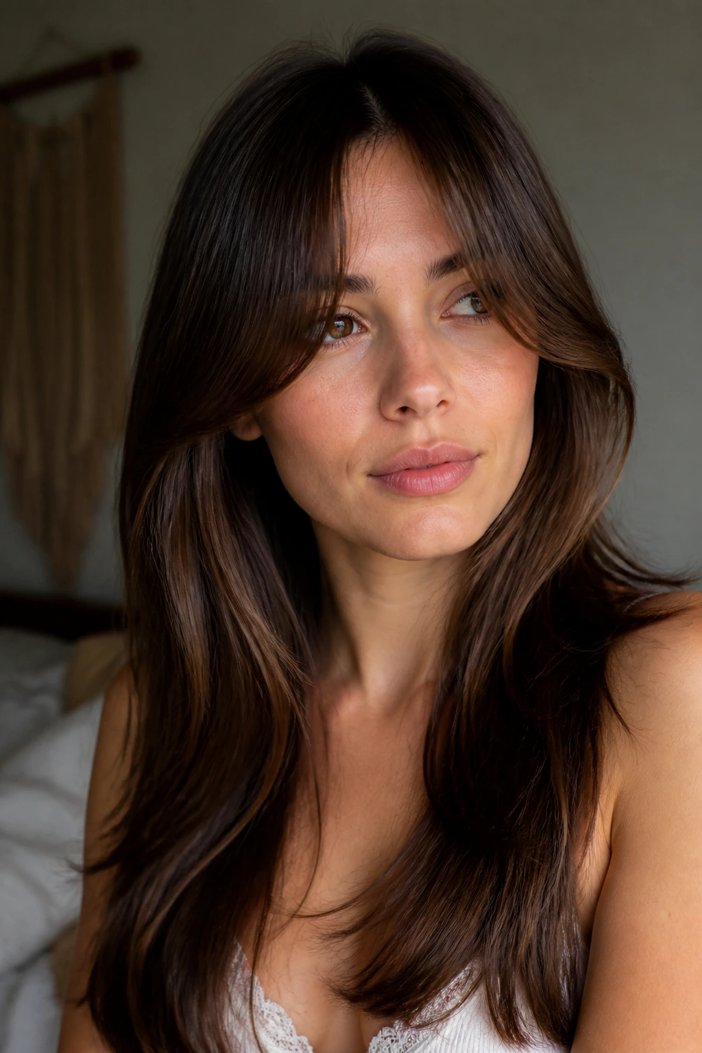 Close-up of a real woman with a soft fringe that grows into her hair, in a sunlit bedroom.