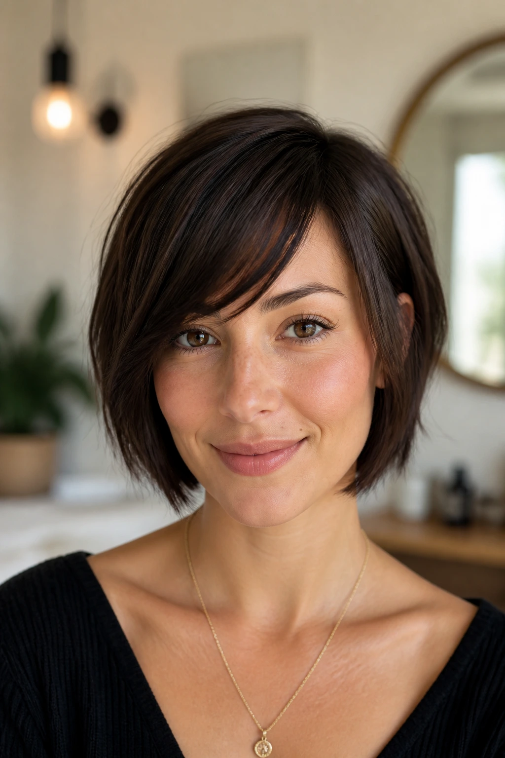 Real person wearing a diagonal side-swept fringe that flatters their face shape.