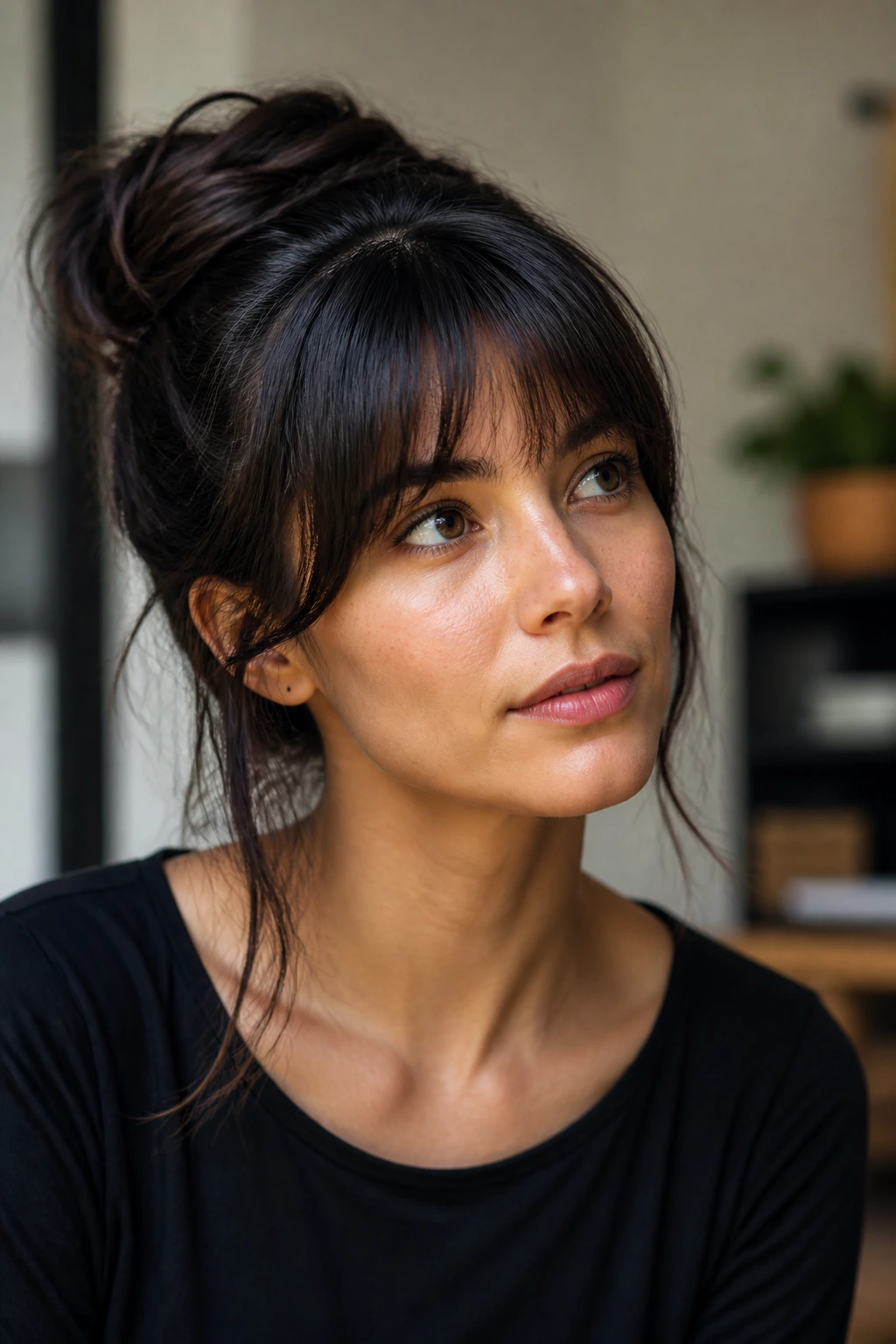 Close-up of a person with a fringe that flatters their hairline