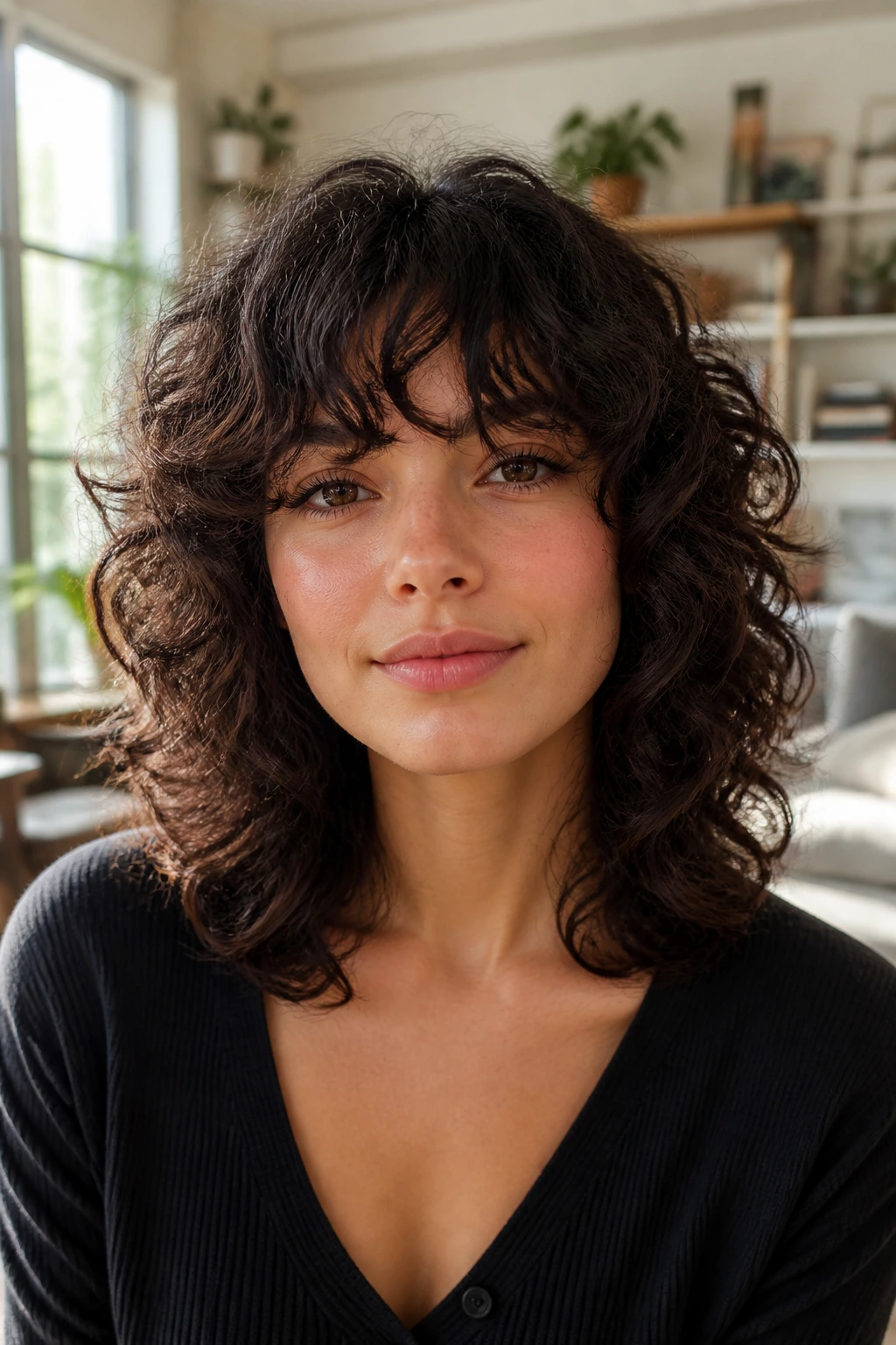 Close-up of a real woman with curly curtain fringe in bright living room light