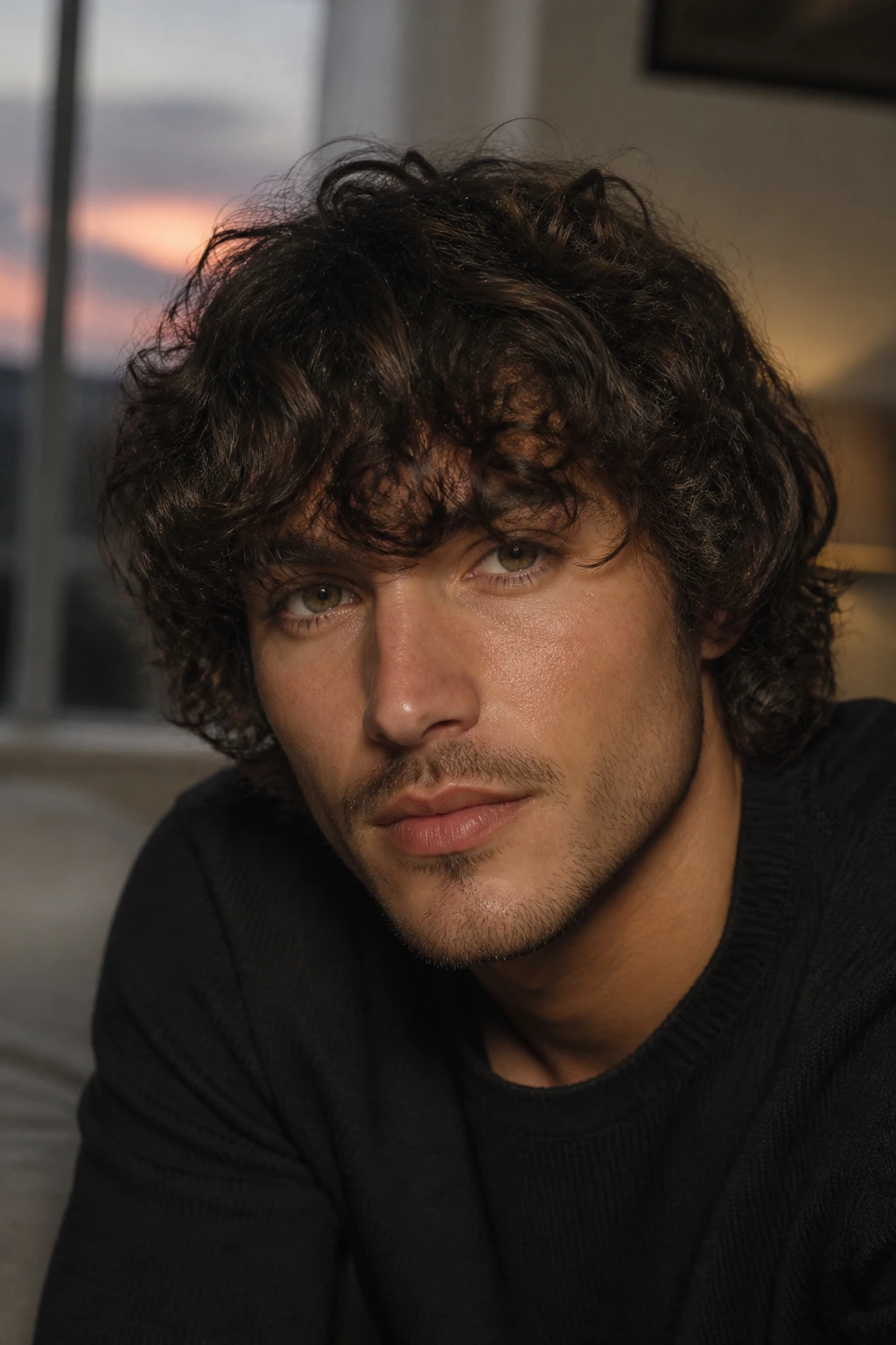 Close-up portrait of a man with fringe-heavy curly shag haircut.