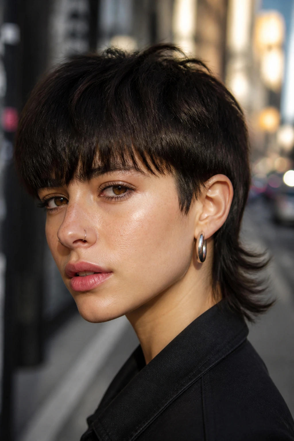 Close-up portrait of a person with fringe-heavy mullet and bold bangs