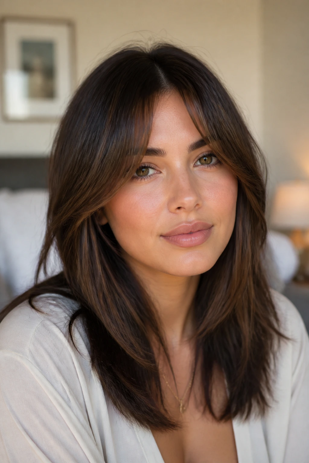 Close-up of a real woman with center-parted curtain fringe flattering a round face