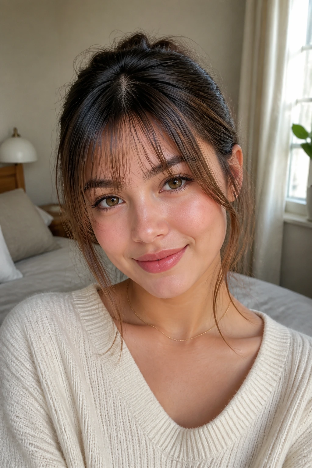 Close-up portrait illustrating fringe ideas on a round-faced real person