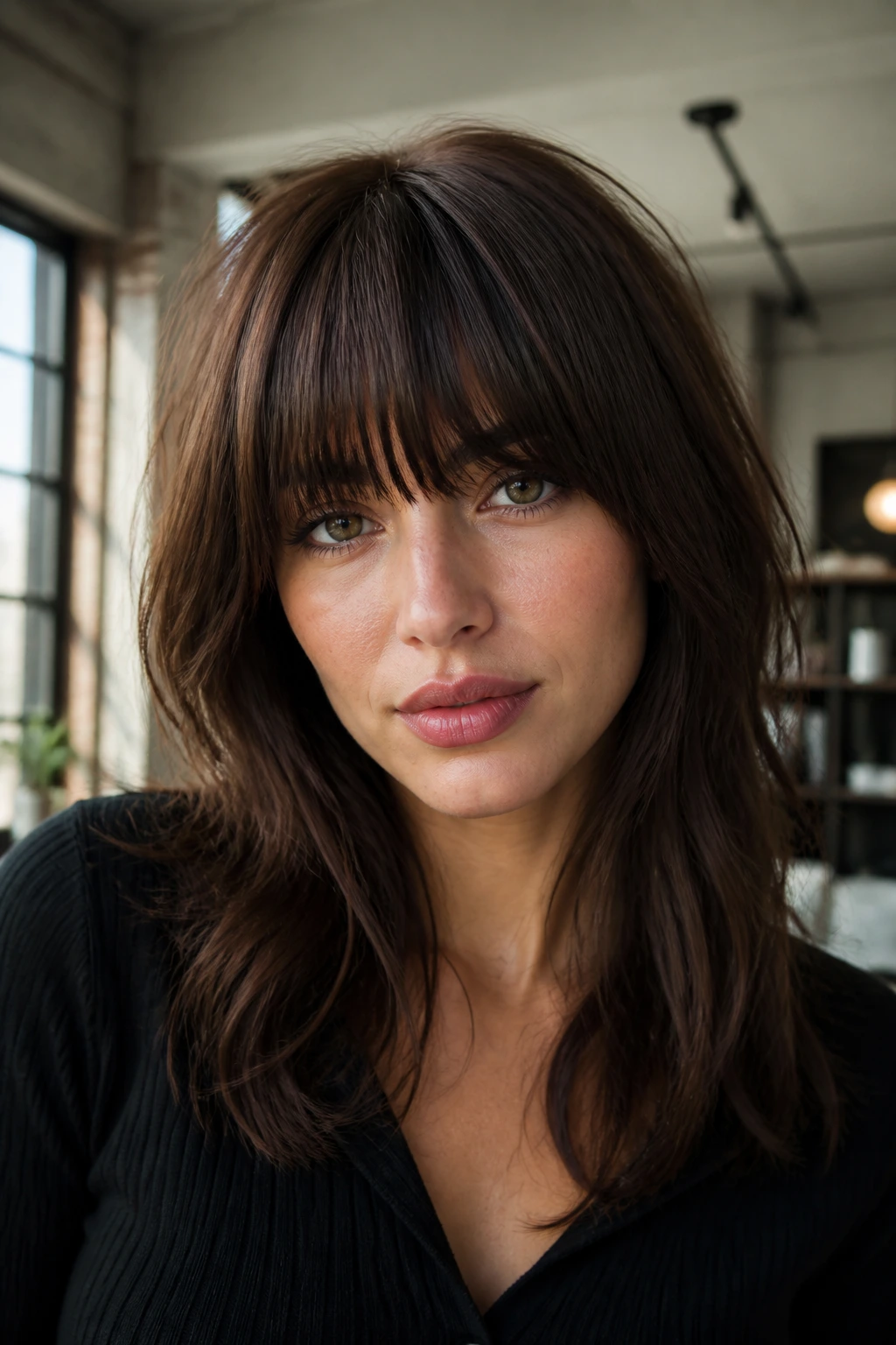 Real person with dense fringe showing hidden internal layers