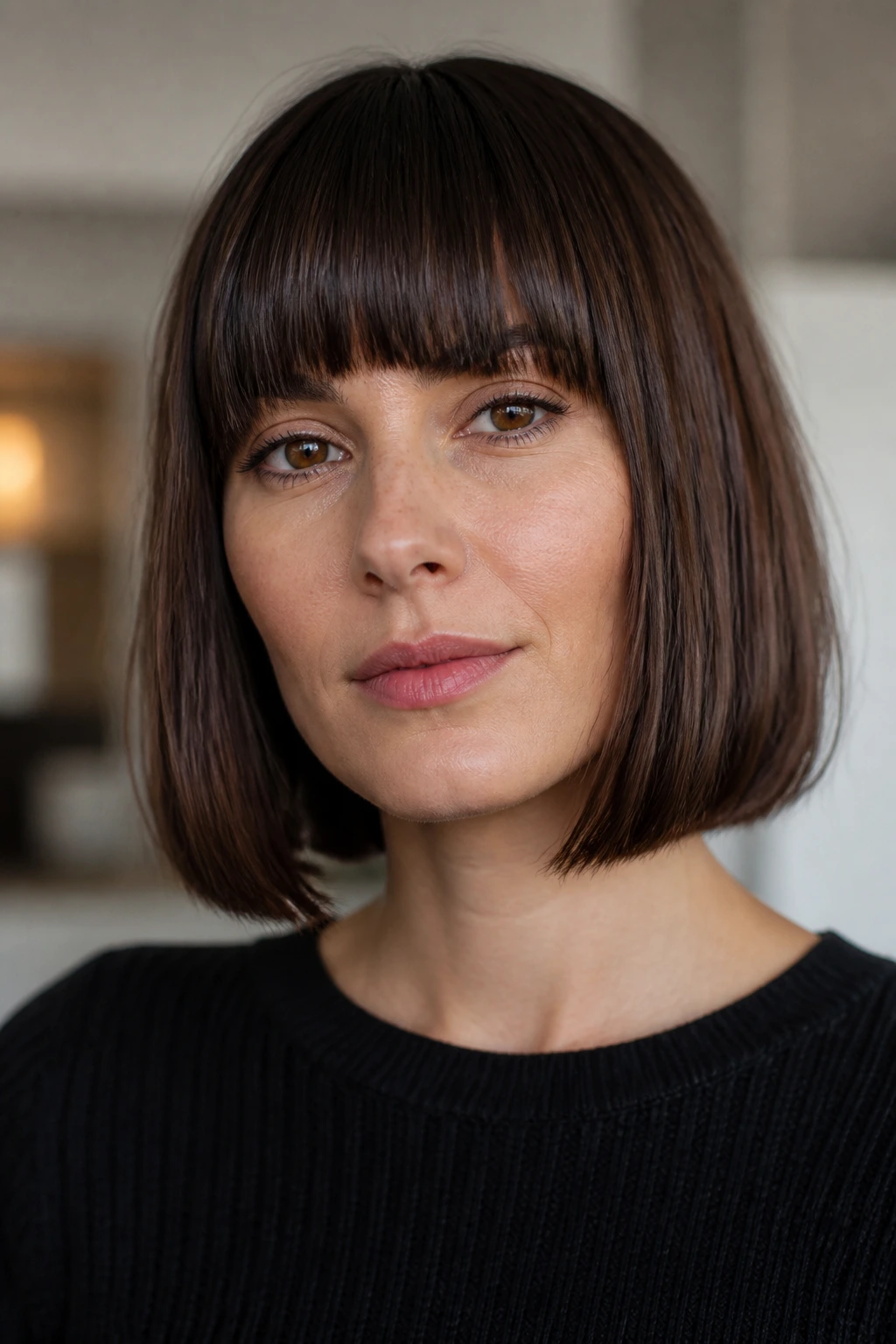 Close-up portrait of a real person with bangs that graze the jawline.