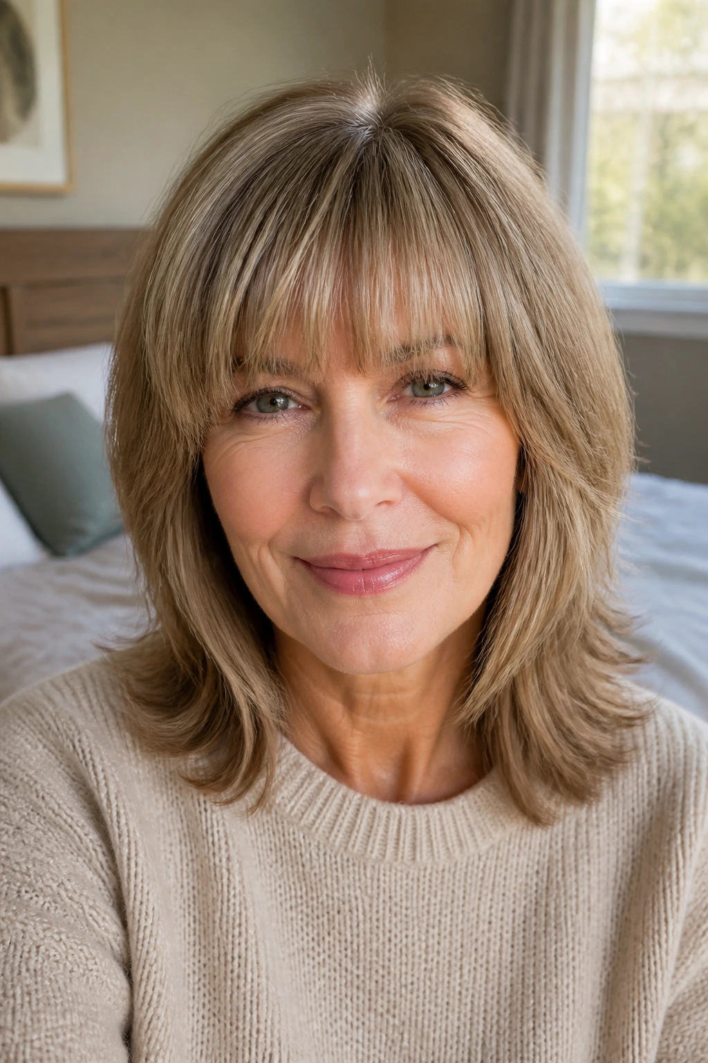 Close-up of a woman with a dense fringe and shoulder-length layered hair in warm window light