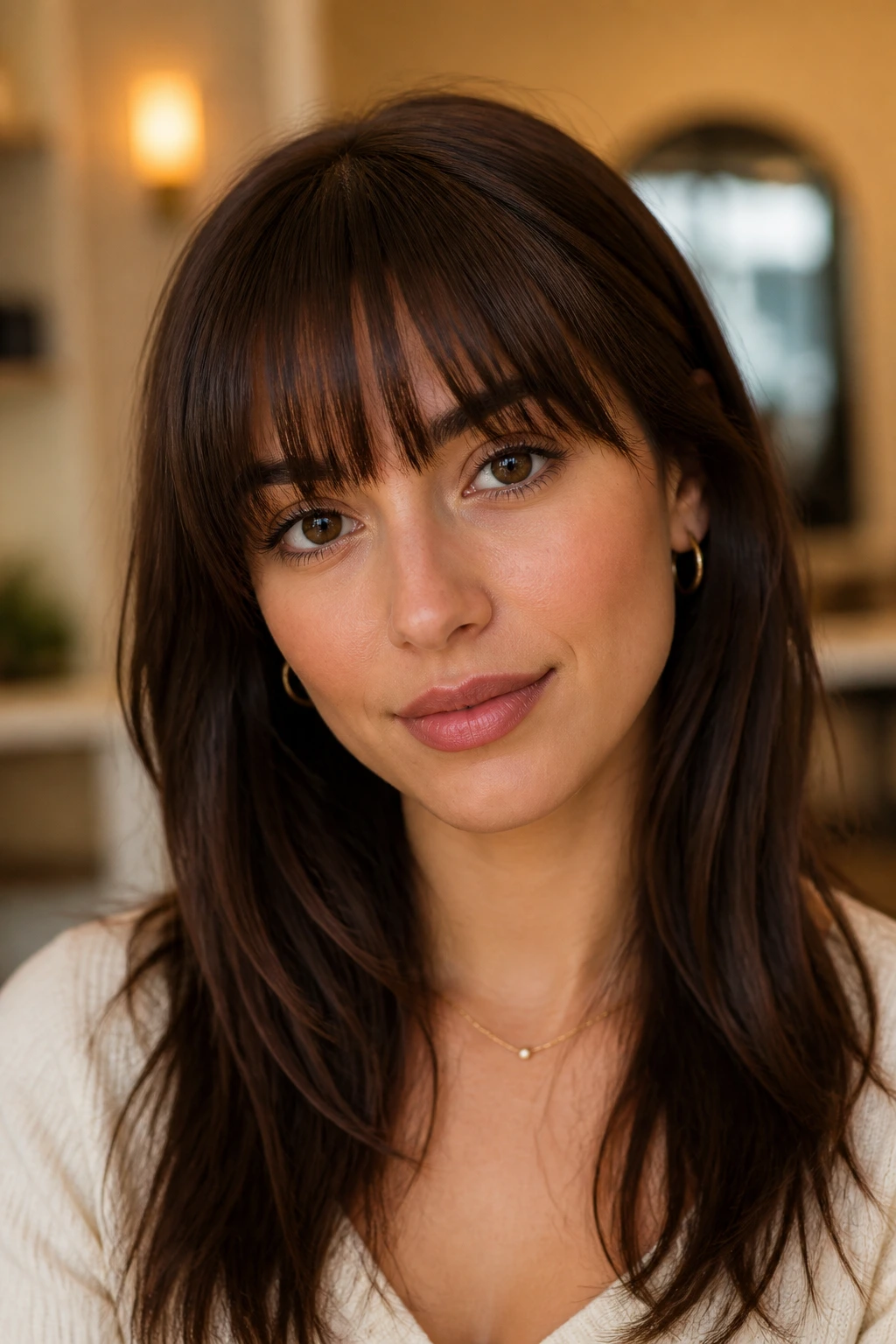 Close-up of a real woman's bangs showing length, width, and density on the forehead