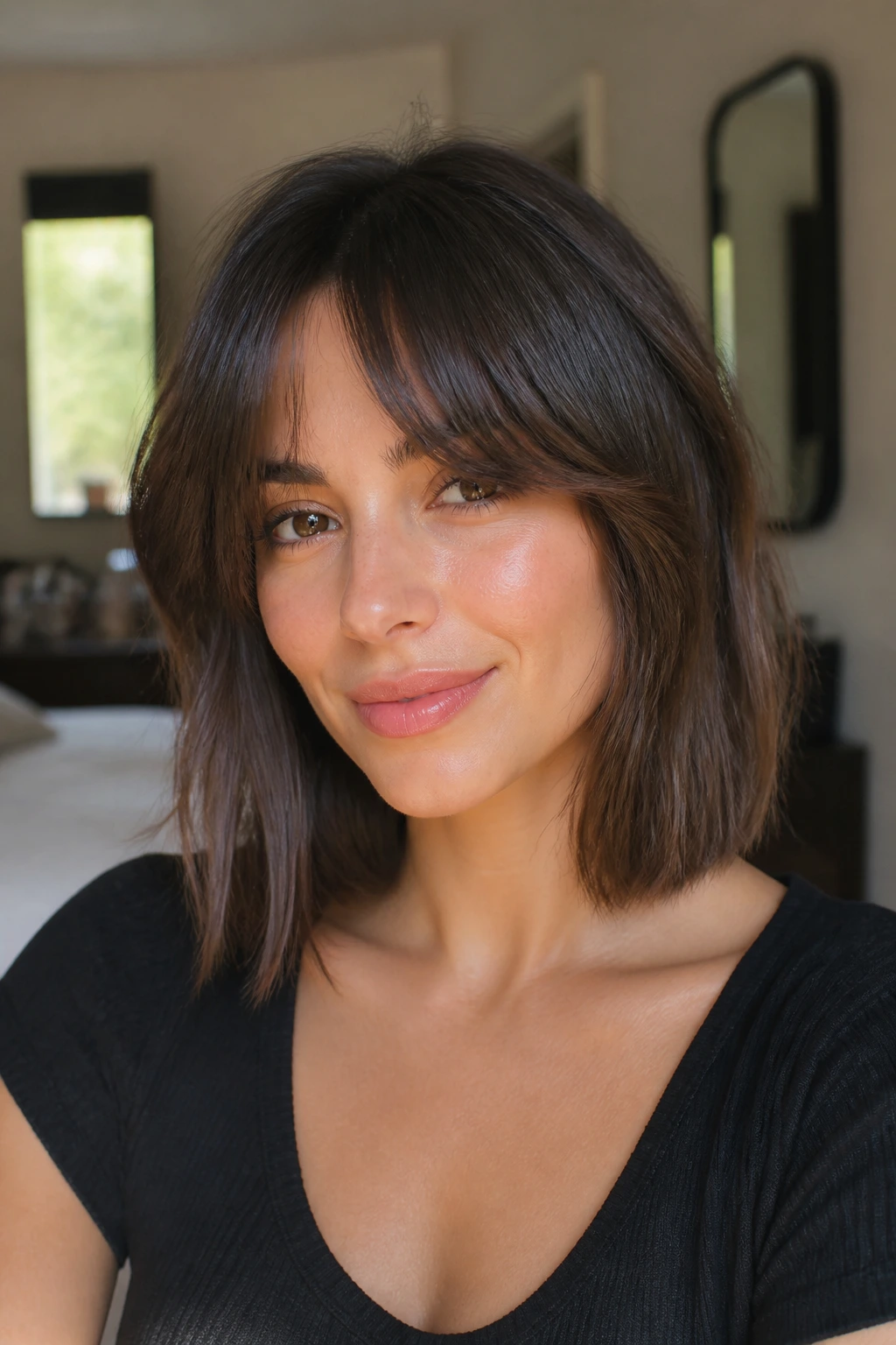Close-up of a woman with fringe-first lob and curtain bangs in warm window light