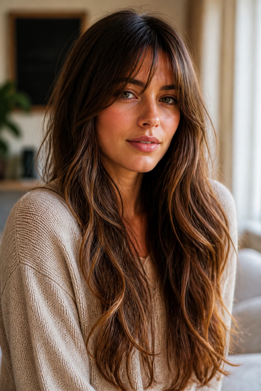 Close-up of a woman with fringe framing the face and long hair in warm window light