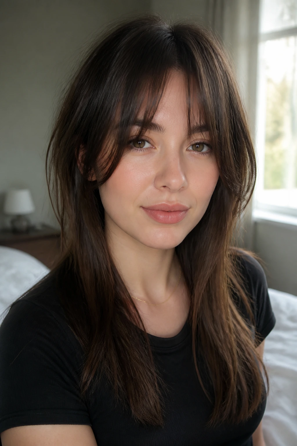 Close-up portrait of a real woman with a French fringe and longer side pieces in soft natural window light