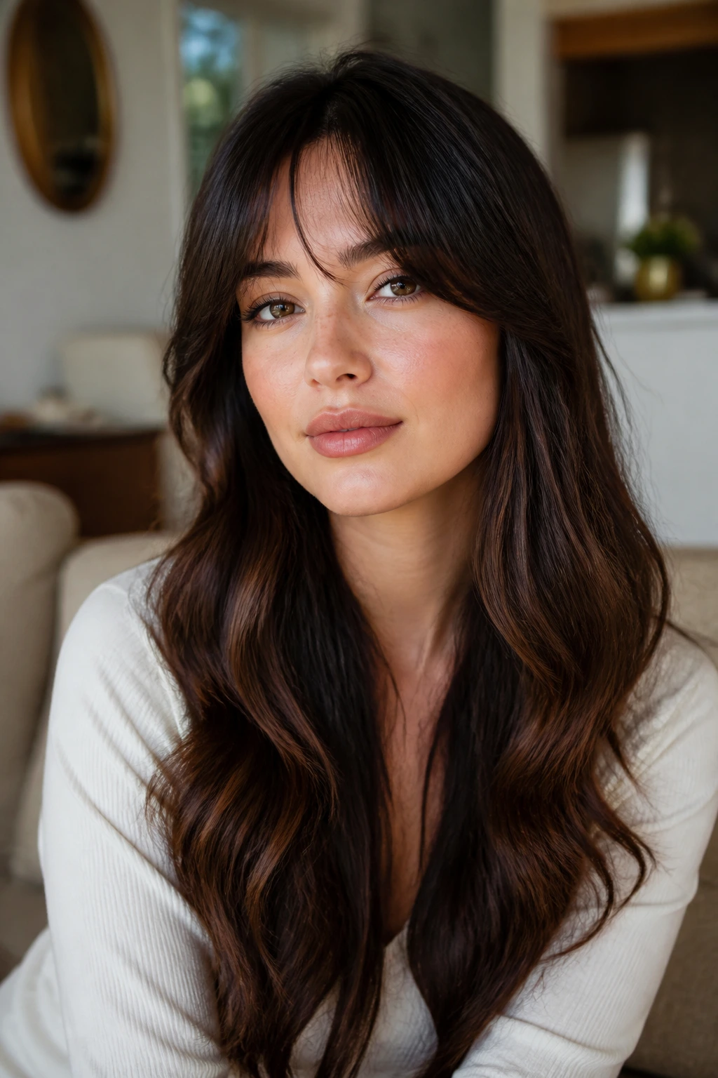 Close-up portrait of a real woman with long hair and a soft fringe away from the cheeks in warm window light