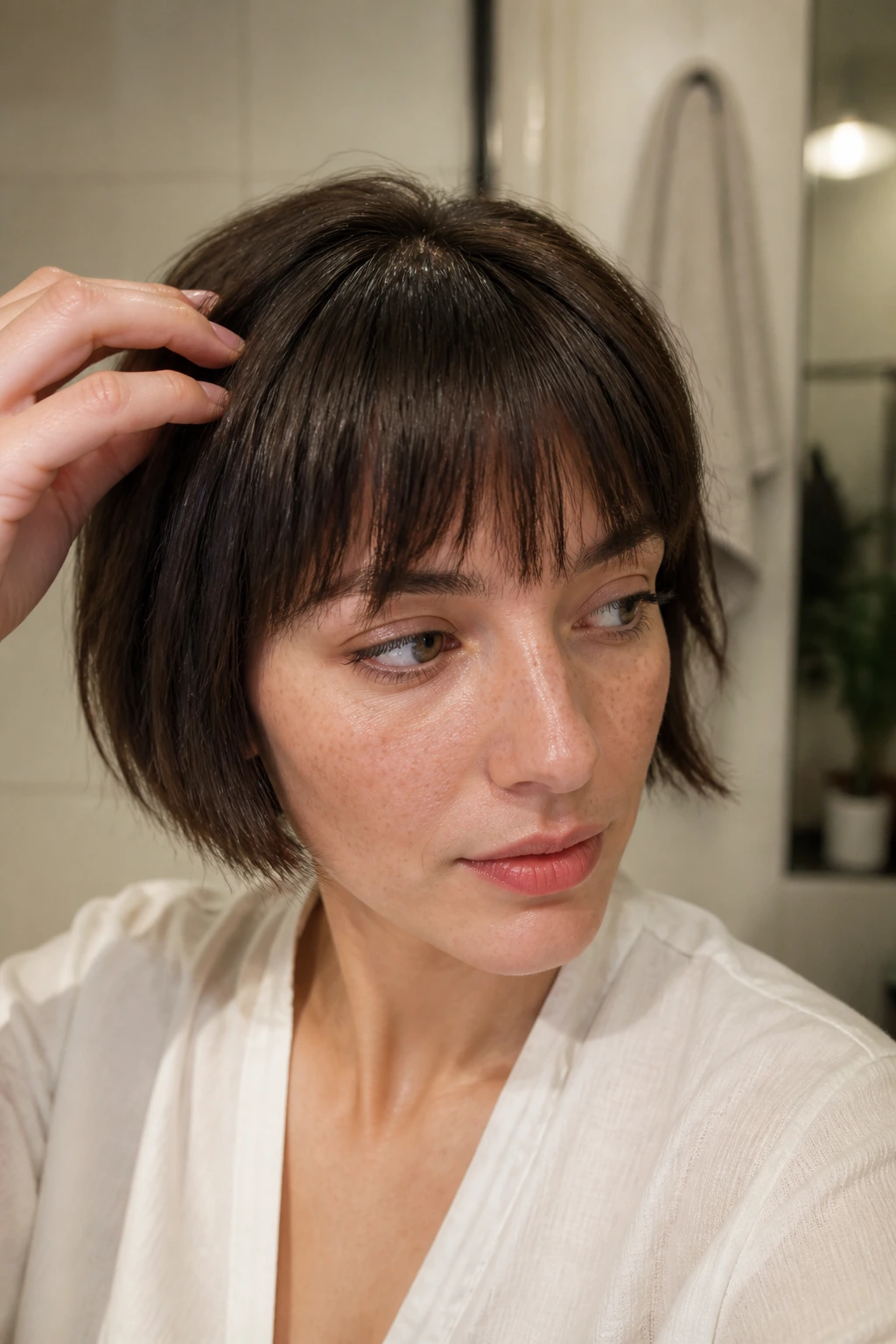 Real person with trimmed bangs and visible grow-out in warm bathroom light