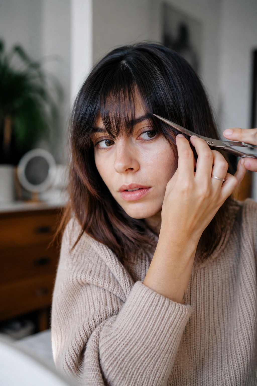 Close-up of bangs maintaining a sharp front line at home
