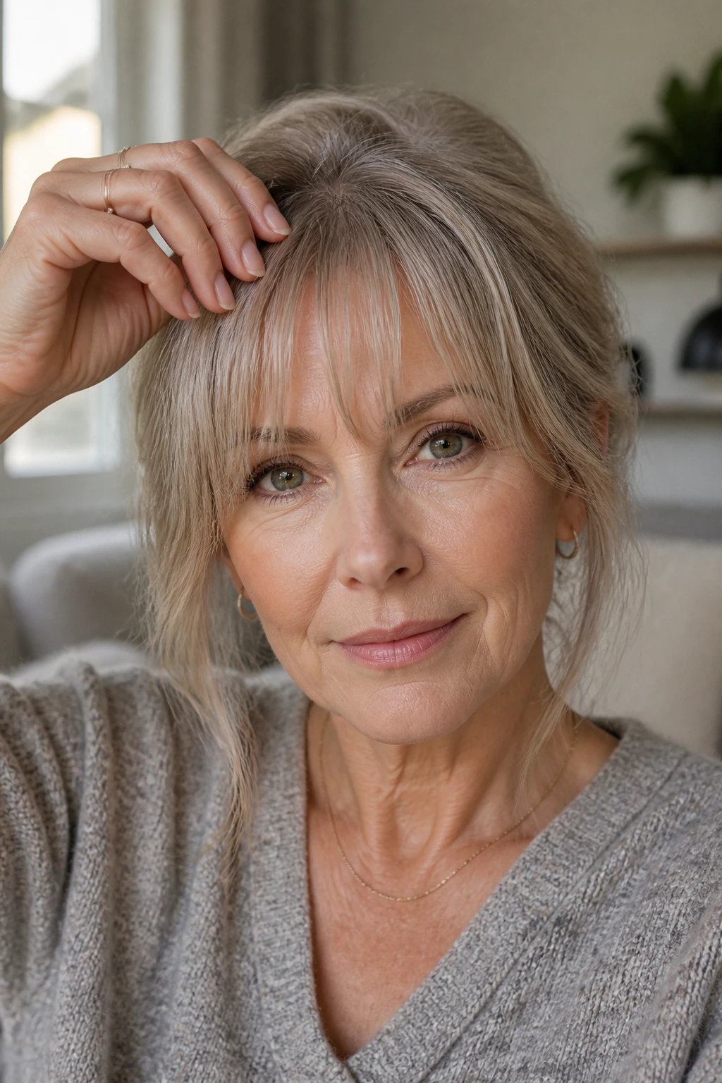 Close-up of a real woman with light, airy fringe in natural home lighting.
