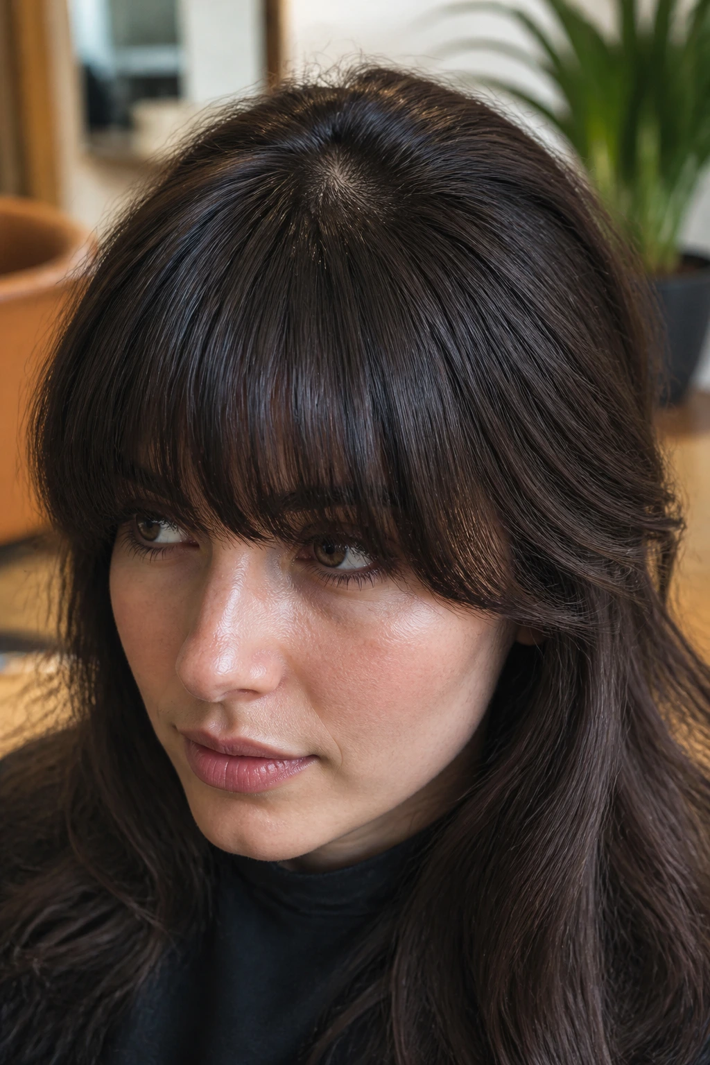 Close-up of thick hair fringe showing root weight and density