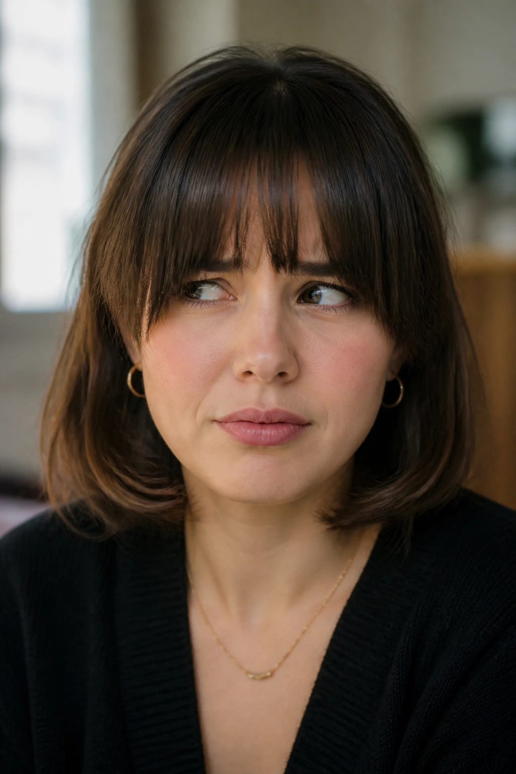 Close-up of bangs too short at center resting on cheeks