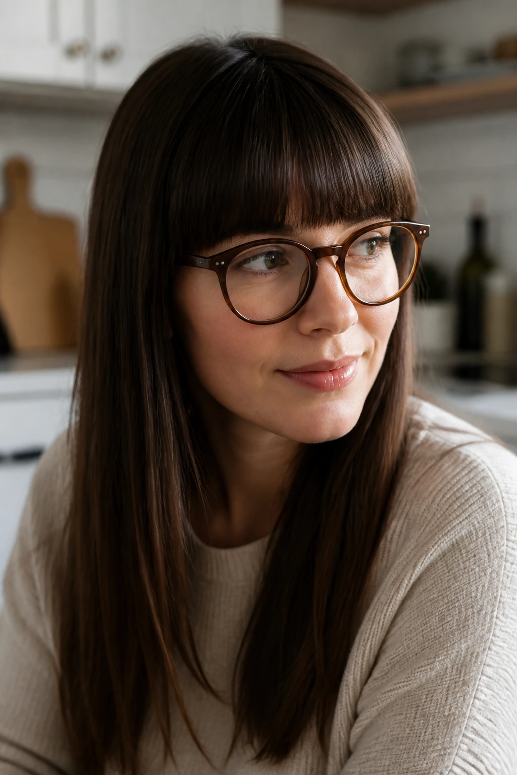 Portrait of a woman with a morning-friendly fringe clearing her glasses in warm morning light