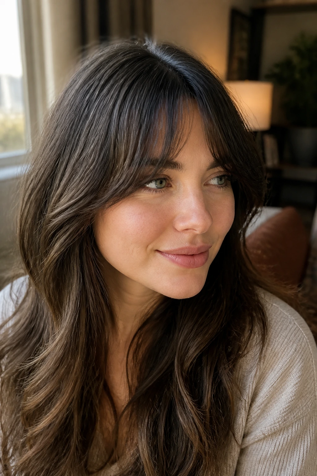Close-up portrait of bottleneck bangs framing the face gracefully