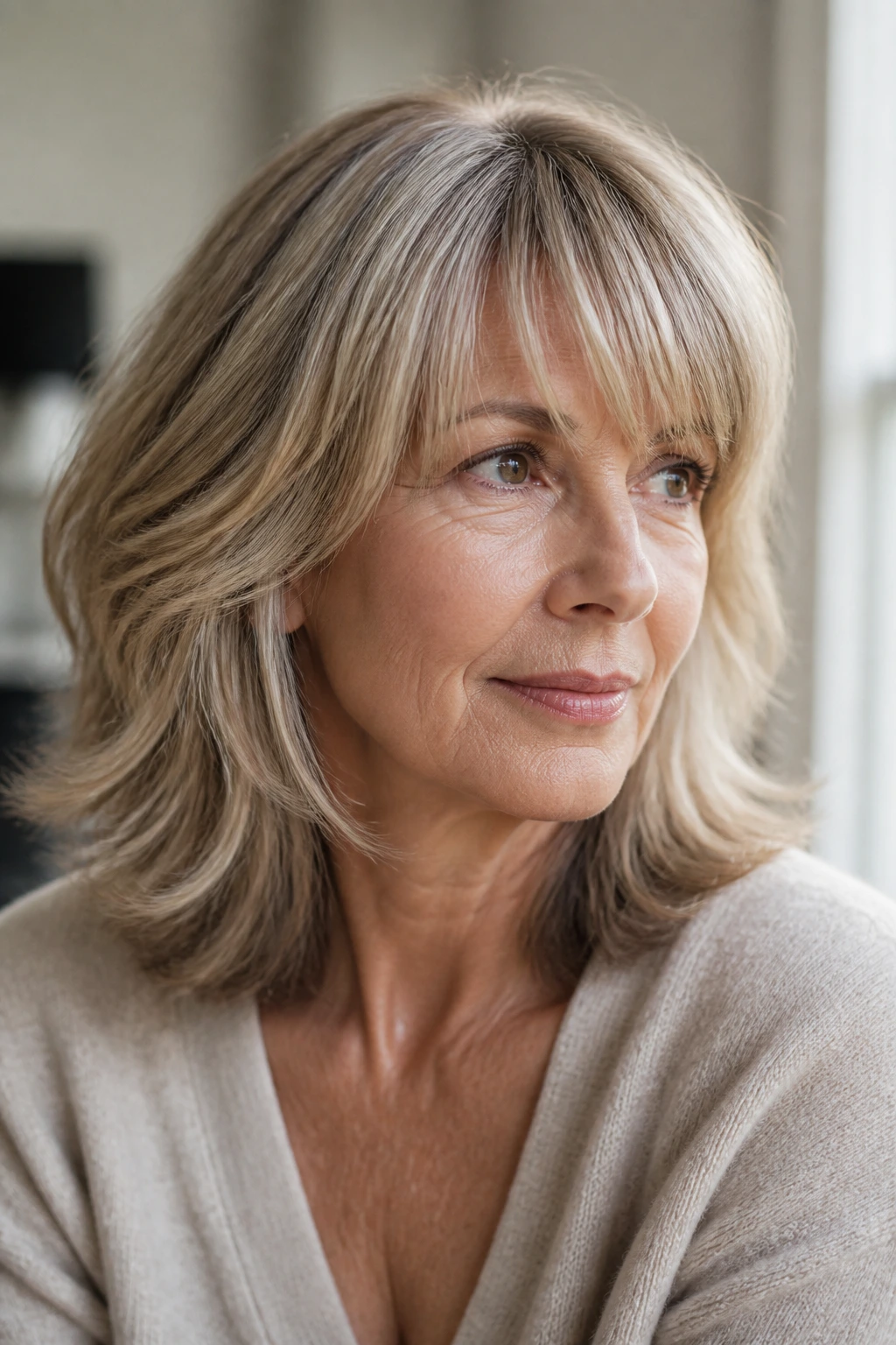 Close-up portrait of a real person with medium-length hair showing movement and fringe texture