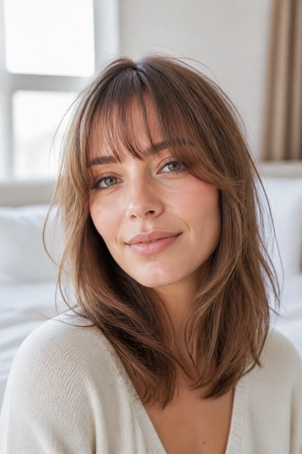 Close-up portrait of a real person with wispy fringe and soft layers in natural light