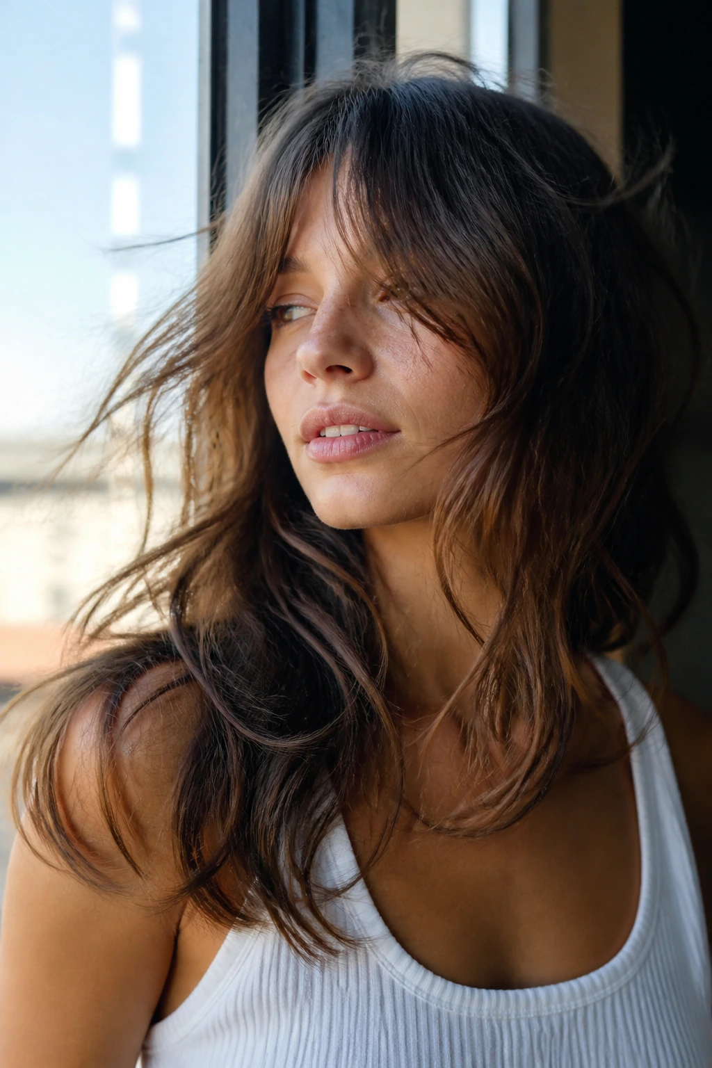 Close-up of curtain bangs moving in a breeze on a real person