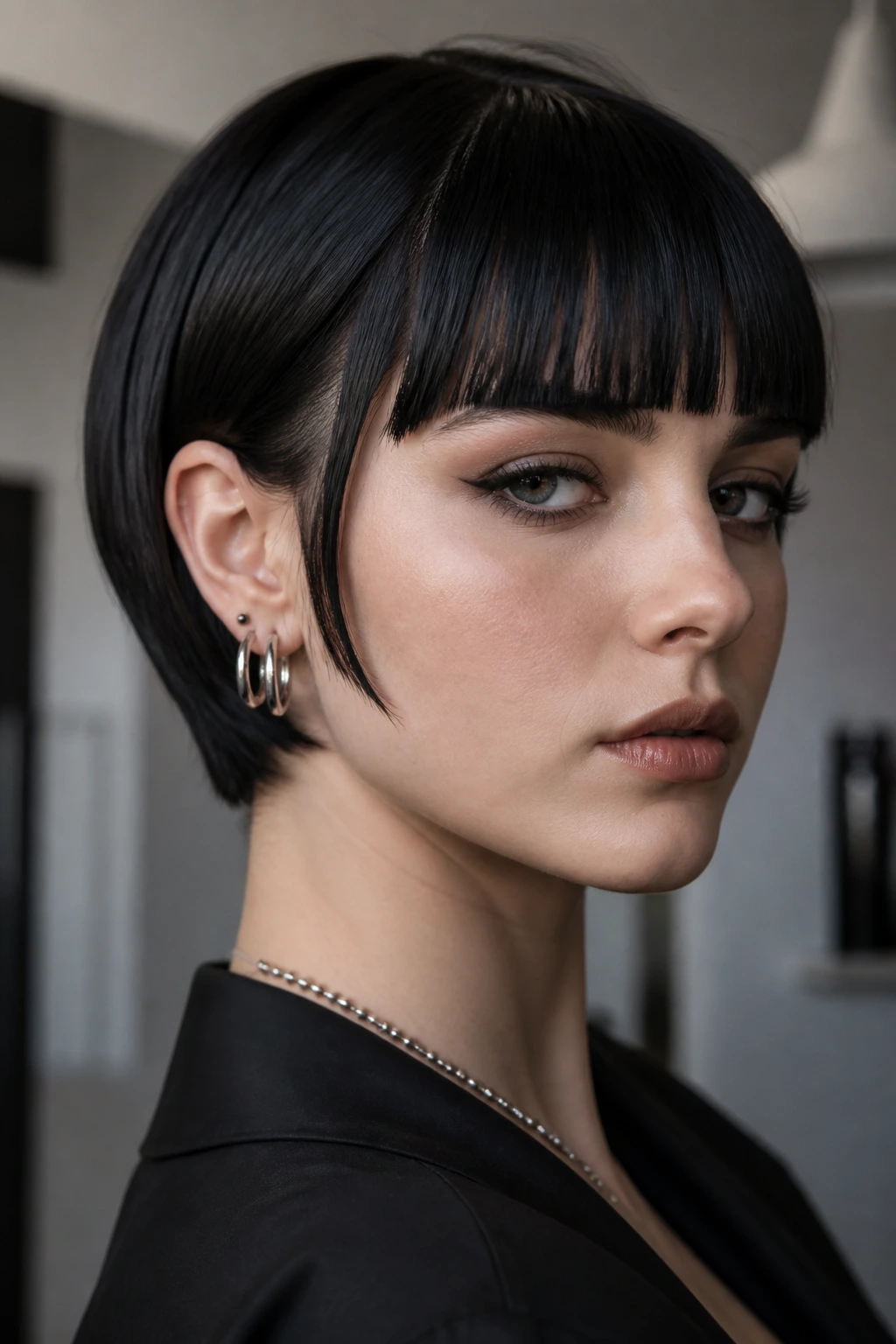 Close-up portrait showing blunt fringe and clean nape on a dark goth short cut