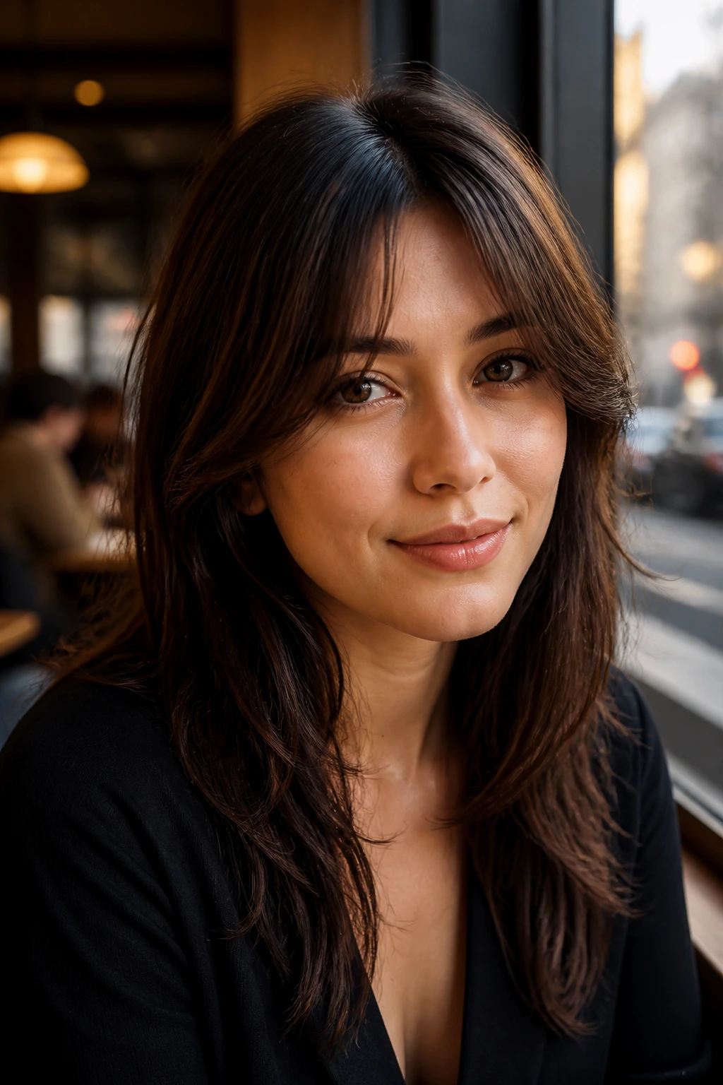 Close-up portrait of a real woman with curtain bangs opening the face in a cafe setting