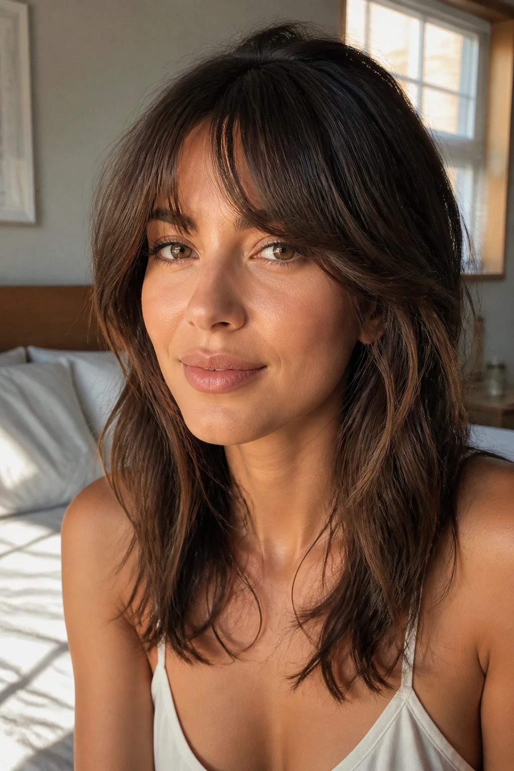 Close-up portrait of a real woman with a balanced fringe on an oval face in warm window light