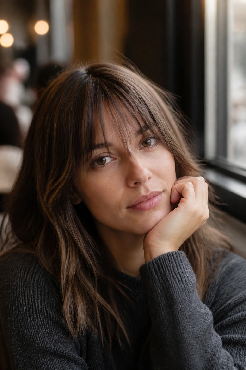 Close-up portrait of a real woman with light-density fringe and loose bend.