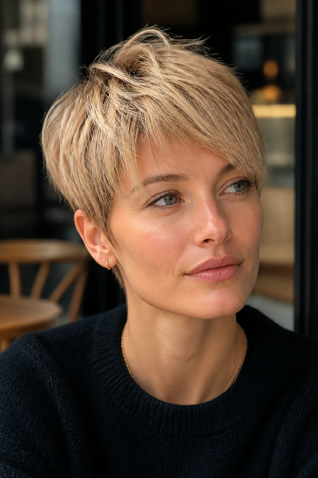 Close-up of a real woman with a French-girl blonde pixie and undone texture