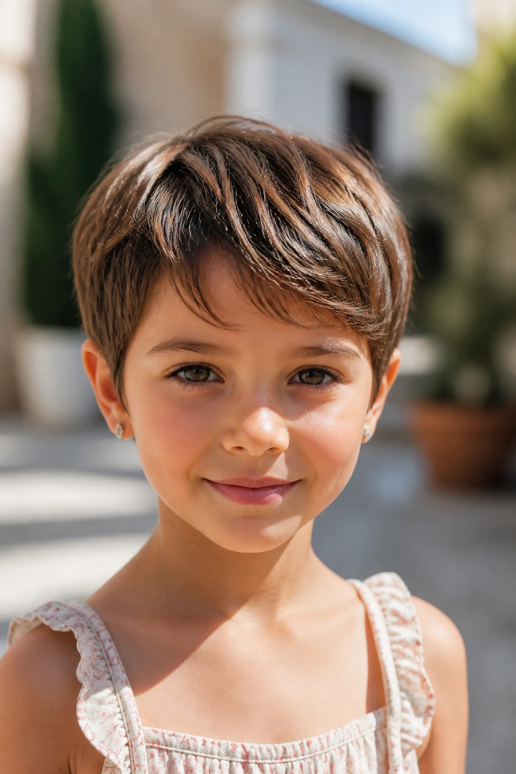 Close-up of a girl with a French-inspired pixie and longer fringe.